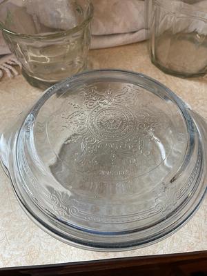 GLASS ICE BUCKET, FIRE KING SERVING DISH & GLASS BOWL