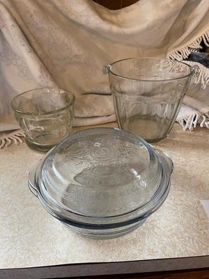 GLASS ICE BUCKET, FIRE KING SERVING DISH & GLASS BOWL