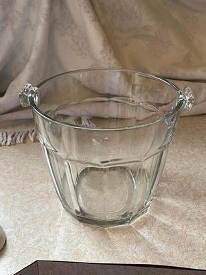 GLASS ICE BUCKET, FIRE KING SERVING DISH & GLASS BOWL