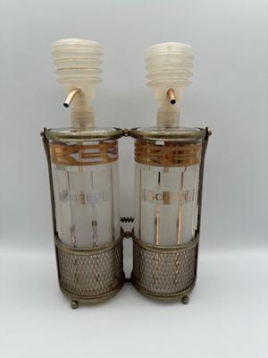Vintage Pump Dispensing Glass Fred Press Scotch Bourbon Decanters Metal Carrier