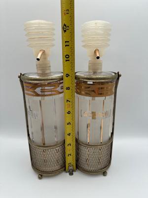 Vintage Pump Dispensing Glass Fred Press Scotch Bourbon Decanters Metal Carrier