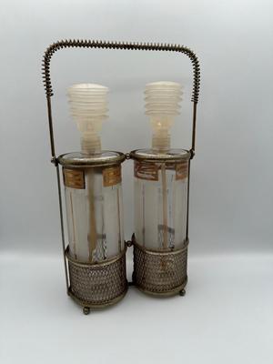 Vintage Pump Dispensing Glass Fred Press Scotch Bourbon Decanters Metal Carrier