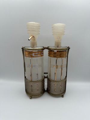 Vintage Pump Dispensing Glass Fred Press Scotch Bourbon Decanters Metal Carrier
