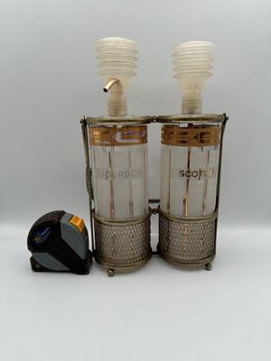 Vintage Pump Dispensing Glass Fred Press Scotch Bourbon Decanters Metal Carrier