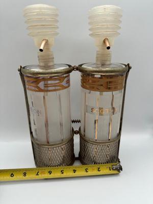 Vintage Pump Dispensing Glass Fred Press Scotch Bourbon Decanters Metal Carrier