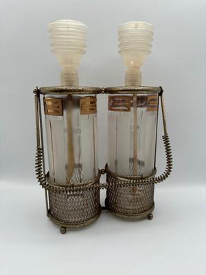 Vintage Pump Dispensing Glass Fred Press Scotch Bourbon Decanters Metal Carrier