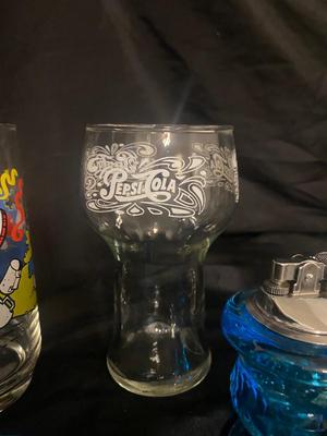 BLUE TIARA GLASS ASH TRAY AND LIGHTER, 1083 SMURFS COLLECTIBLE GLASSES, AND MORE