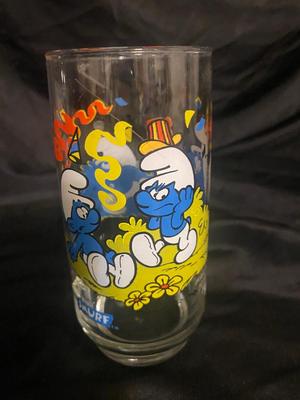 BLUE TIARA GLASS ASH TRAY AND LIGHTER, 1083 SMURFS COLLECTIBLE GLASSES, AND MORE