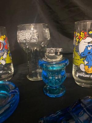 BLUE TIARA GLASS ASH TRAY AND LIGHTER, 1083 SMURFS COLLECTIBLE GLASSES, AND MORE