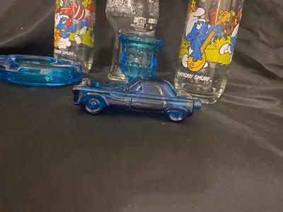 BLUE TIARA GLASS ASH TRAY AND LIGHTER, 1083 SMURFS COLLECTIBLE GLASSES, AND MORE