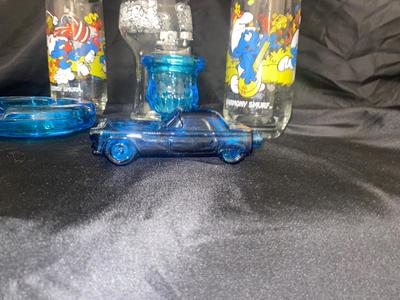 BLUE TIARA GLASS ASH TRAY AND LIGHTER, 1083 SMURFS COLLECTIBLE GLASSES, AND MORE