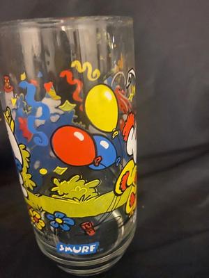 BLUE TIARA GLASS ASH TRAY AND LIGHTER, 1083 SMURFS COLLECTIBLE GLASSES, AND MORE