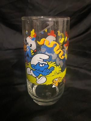 BLUE TIARA GLASS ASH TRAY AND LIGHTER, 1083 SMURFS COLLECTIBLE GLASSES, AND MORE