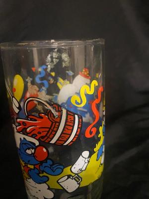BLUE TIARA GLASS ASH TRAY AND LIGHTER, 1083 SMURFS COLLECTIBLE GLASSES, AND MORE