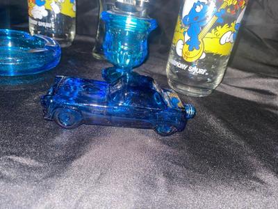 BLUE TIARA GLASS ASH TRAY AND LIGHTER, 1083 SMURFS COLLECTIBLE GLASSES, AND MORE
