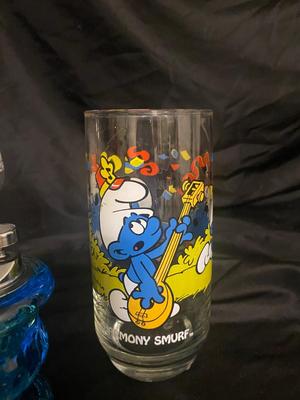 BLUE TIARA GLASS ASH TRAY AND LIGHTER, 1083 SMURFS COLLECTIBLE GLASSES, AND MORE