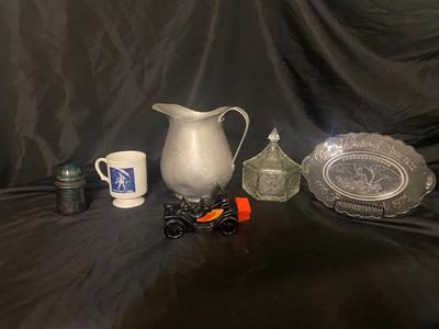 VINTAGE BICENTENNIAL COLLECTIBLE PLATE, CANDY JAR, INSULATOR THAT LOOKS TO HAVE BEEN STRUCK BY LIGHTING WATER PITCHER AND MORE!