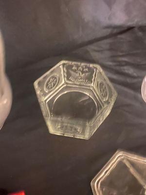VINTAGE BICENTENNIAL COLLECTIBLE PLATE, CANDY JAR, INSULATOR THAT LOOKS TO HAVE BEEN STRUCK BY LIGHTING WATER PITCHER AND MORE!