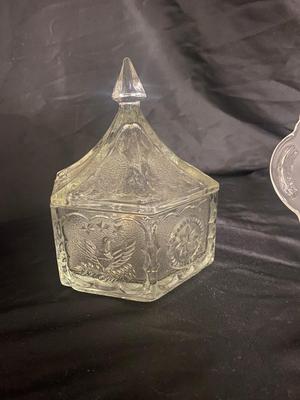 VINTAGE BICENTENNIAL COLLECTIBLE PLATE, CANDY JAR, INSULATOR THAT LOOKS TO HAVE BEEN STRUCK BY LIGHTING WATER PITCHER AND MORE!