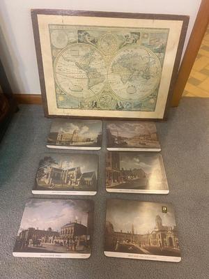 VINTAGE IRISH FELT BACK PLACEMATS AND DECOUPAGE OLD WORLD MAP ON WOOD