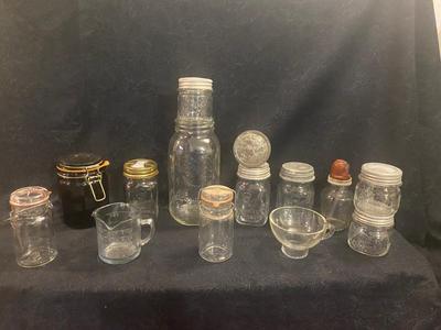 ANTIQUE AND VINTAGE CANNING JARS WITH LIDS & A CHEMICAL BOTTLE