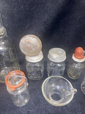 ANTIQUE AND VINTAGE CANNING JARS WITH LIDS & A CHEMICAL BOTTLE