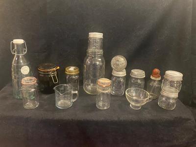 ANTIQUE AND VINTAGE CANNING JARS WITH LIDS & A CHEMICAL BOTTLE
