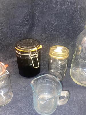 ANTIQUE AND VINTAGE CANNING JARS WITH LIDS & A CHEMICAL BOTTLE