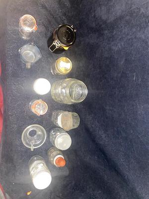 ANTIQUE AND VINTAGE CANNING JARS WITH LIDS & A CHEMICAL BOTTLE