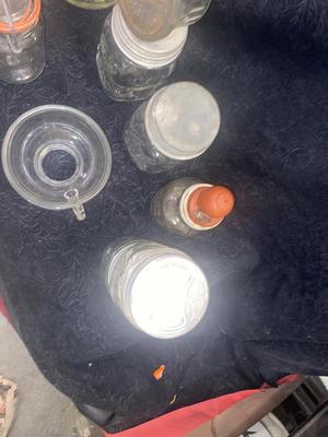ANTIQUE AND VINTAGE CANNING JARS WITH LIDS & A CHEMICAL BOTTLE