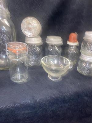 ANTIQUE AND VINTAGE CANNING JARS WITH LIDS & A CHEMICAL BOTTLE