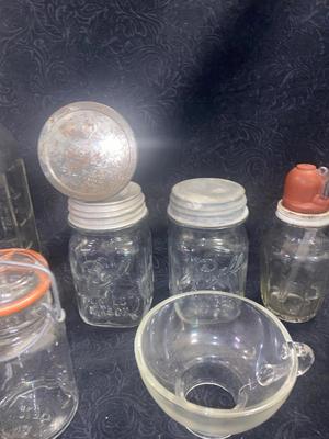 ANTIQUE AND VINTAGE CANNING JARS WITH LIDS & A CHEMICAL BOTTLE