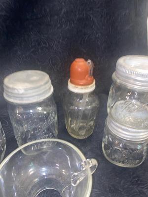 ANTIQUE AND VINTAGE CANNING JARS WITH LIDS & A CHEMICAL BOTTLE