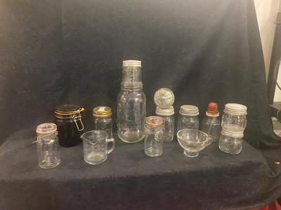 ANTIQUE AND VINTAGE CANNING JARS WITH LIDS & A CHEMICAL BOTTLE