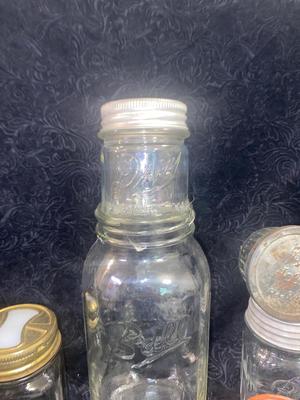 ANTIQUE AND VINTAGE CANNING JARS WITH LIDS & A CHEMICAL BOTTLE