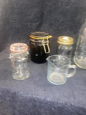 ANTIQUE AND VINTAGE CANNING JARS WITH LIDS & A CHEMICAL BOTTLE