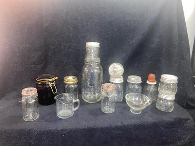 ANTIQUE AND VINTAGE CANNING JARS WITH LIDS & A CHEMICAL BOTTLE