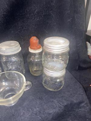 ANTIQUE AND VINTAGE CANNING JARS WITH LIDS & A CHEMICAL BOTTLE