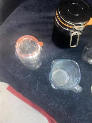ANTIQUE AND VINTAGE CANNING JARS WITH LIDS & A CHEMICAL BOTTLE