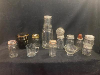 ANTIQUE AND VINTAGE CANNING JARS WITH LIDS & A CHEMICAL BOTTLE
