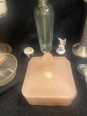 NIB TIARA PINK CANDY DISH, CANDLESTICKS, LAMP, EGG CUPS AND MORE