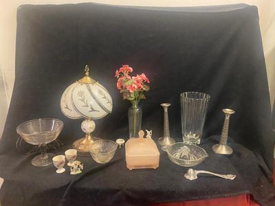 NIB TIARA PINK CANDY DISH, CANDLESTICKS, LAMP, EGG CUPS AND MORE