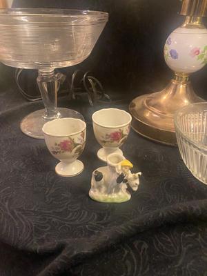 NIB TIARA PINK CANDY DISH, CANDLESTICKS, LAMP, EGG CUPS AND MORE