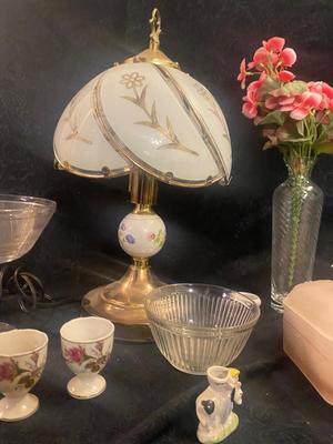 NIB TIARA PINK CANDY DISH, CANDLESTICKS, LAMP, EGG CUPS AND MORE
