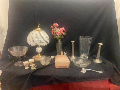 NIB TIARA PINK CANDY DISH, CANDLESTICKS, LAMP, EGG CUPS AND MORE