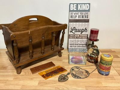 Wooden Magazine rack, decor, candles