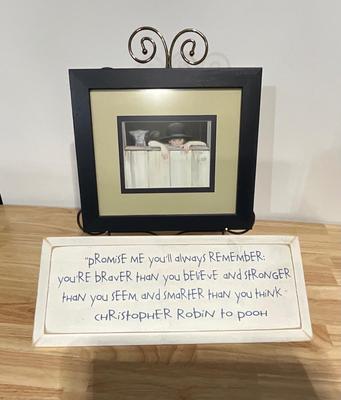 Framed boy with calf picture and CR to Pooh decor