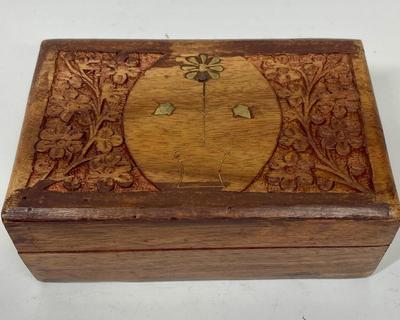 Vintage Wood Tea Box Inlay and Carving Red Felt Inside