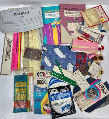 Sewing Notions Lot, vintage guides, rulers, binding, patches, buttons, etc