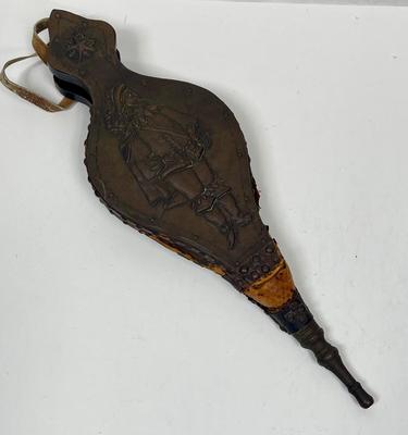Antique Dutch Bellow Copper Wood Brass 19th Center Repousse Dutch Musketeer